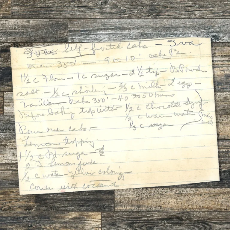 A handwritten recipe for Self-Frosted Cake
