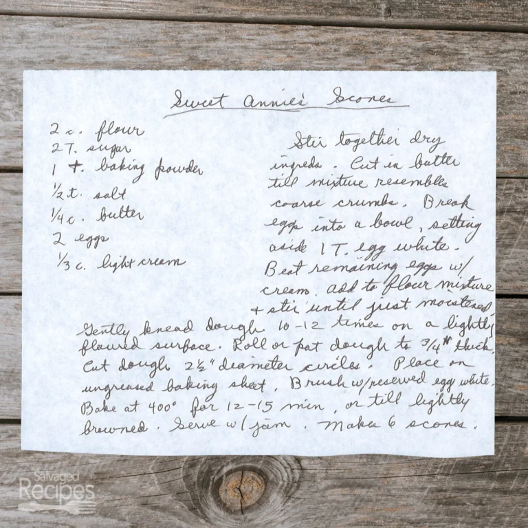 Handwritten recipe for Sweet Annie's Scones