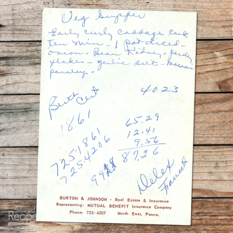 Handwritten recipe for veg supper
