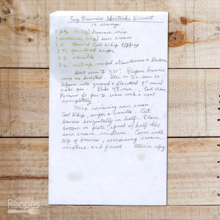 Handwritten recipe for Easy Brownie Shortcake Dessert