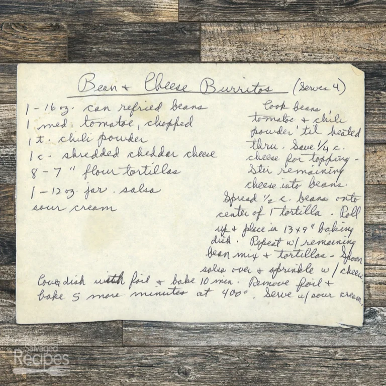 Handwritten recipe for Bean and Cheese Burritos