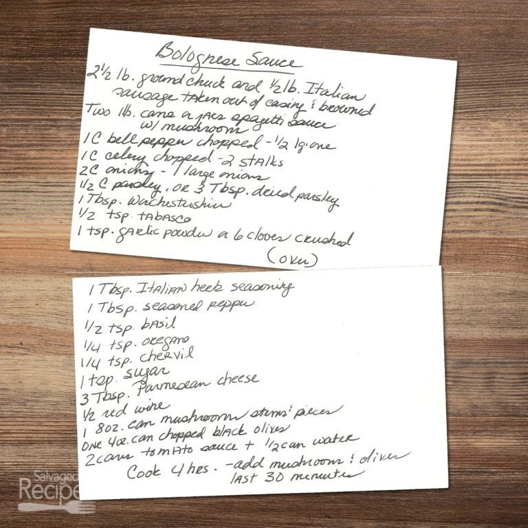 Handwritten recipe card for Bolognese Sauce