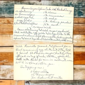 Handwritten recipe card for Burnt Sugar Spice Cake with Baked Icing