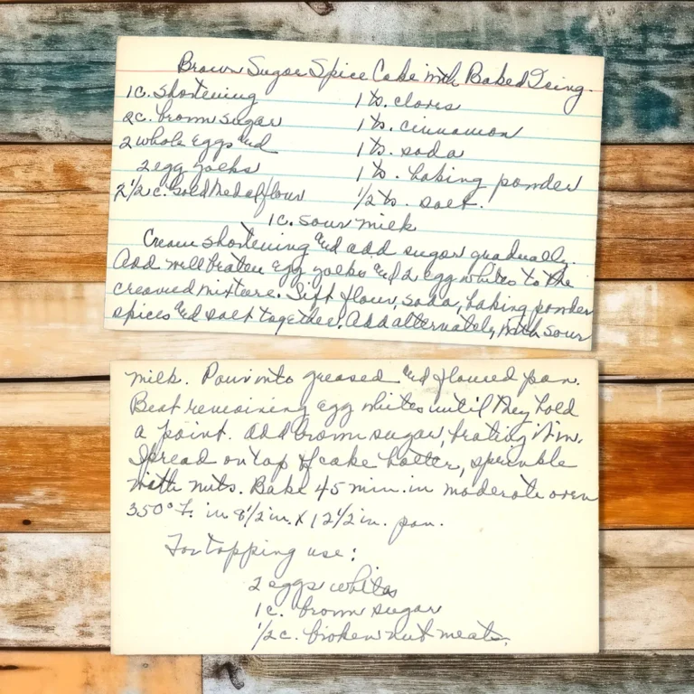 Handwritten recipe card for Burnt Sugar Spice Cake with Baked Icing