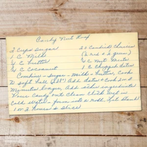 Handwritten recipe card for Candy Nut Loaf