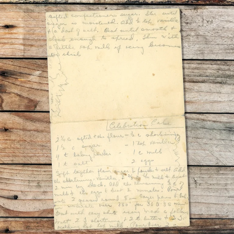 Handwritten recipe for Celebration Cake