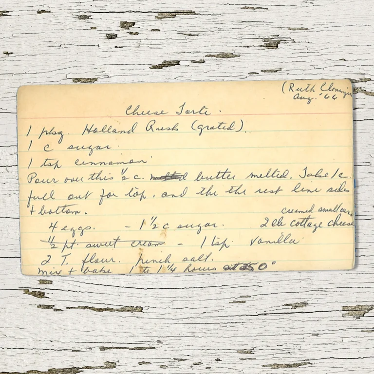 Handwritten recipe card for Cheese Torte from Ruth
