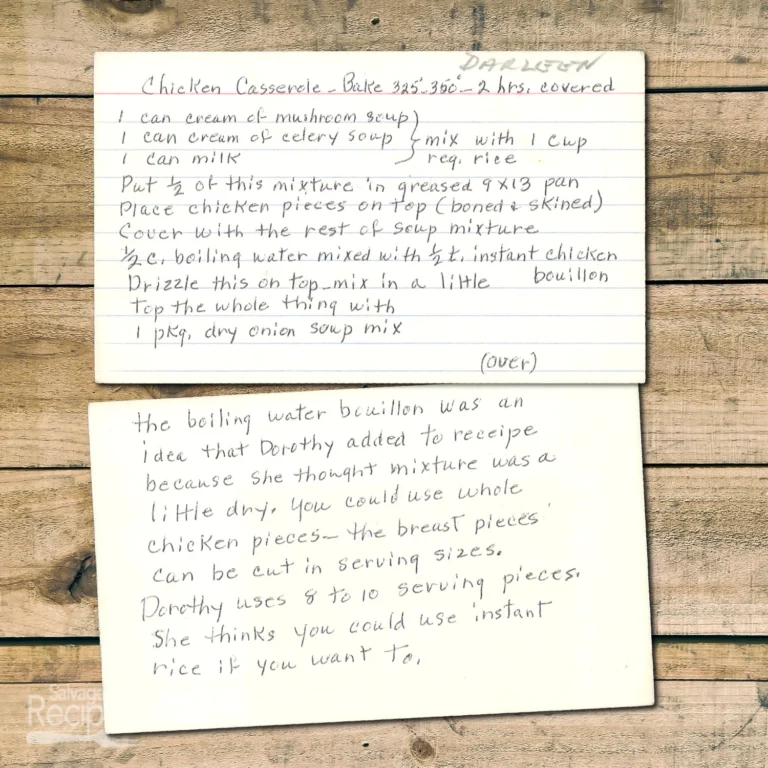 Handwritten recipe card for Chicken Casserole Bake