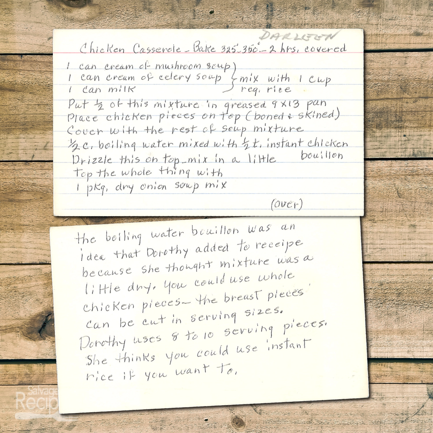 Handwritten recipe card for Chicken Casserole Bake