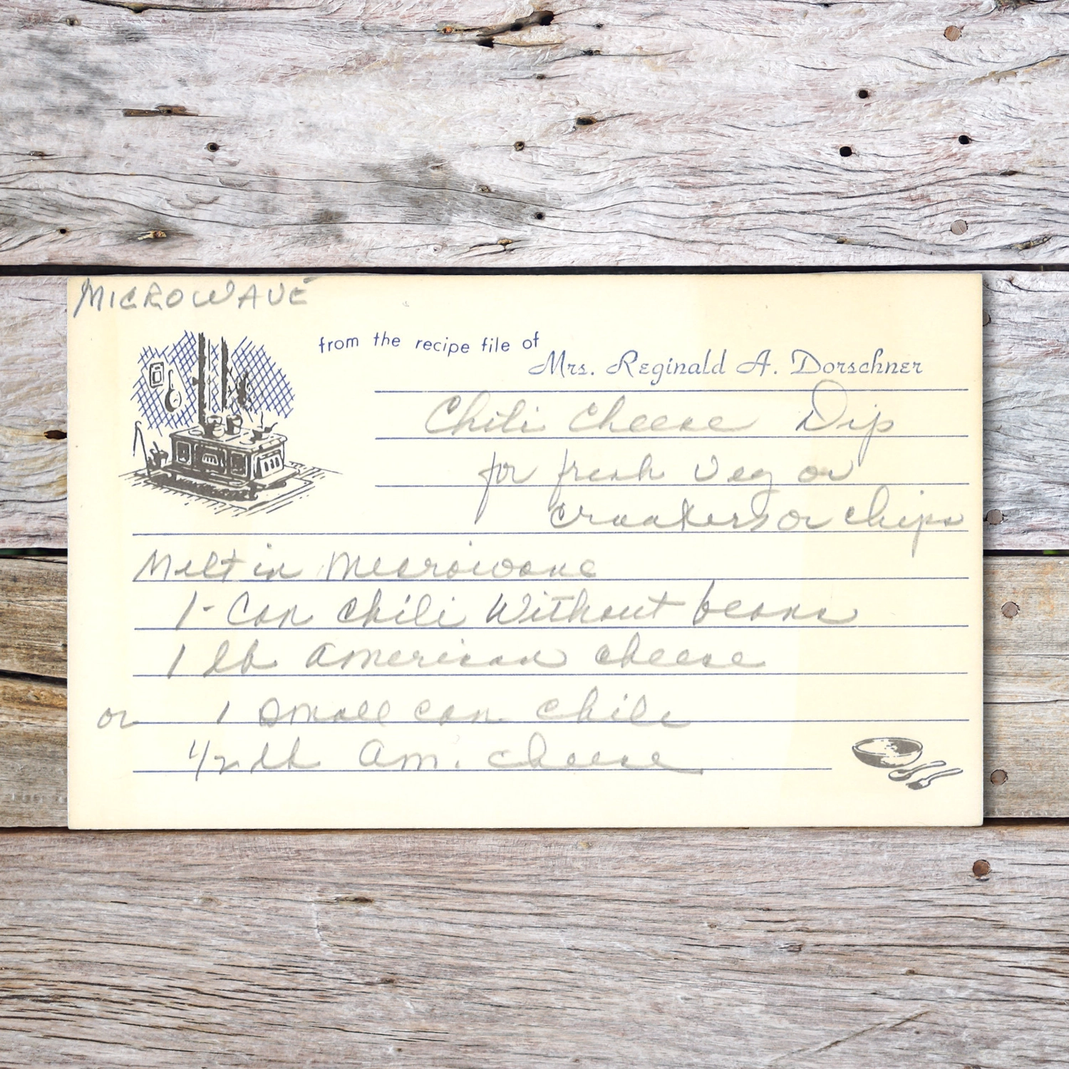 Handwritten recipe card for Chili Cheese Dip