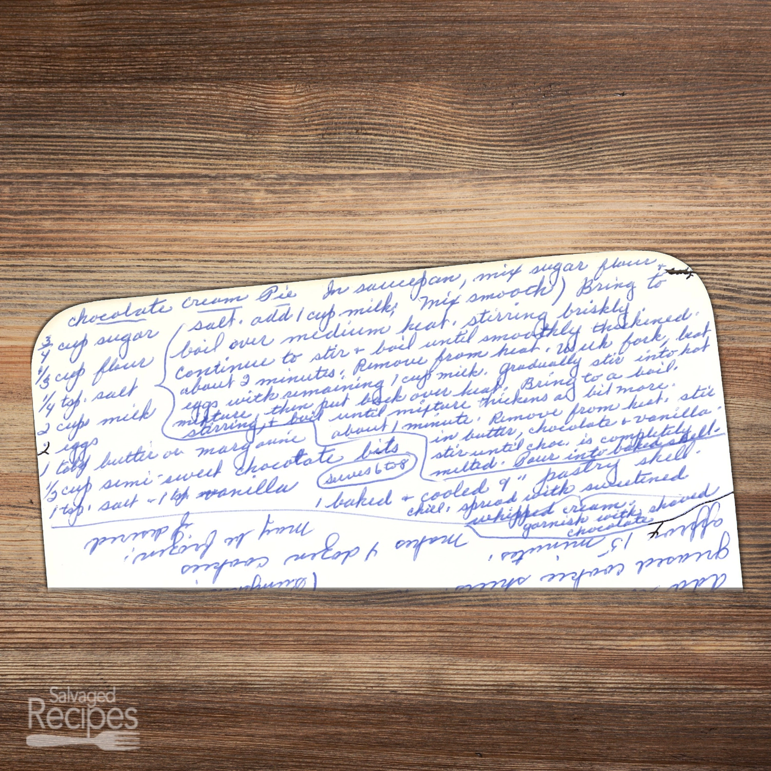 Handwritten recipe for Chocolate Cream Pie