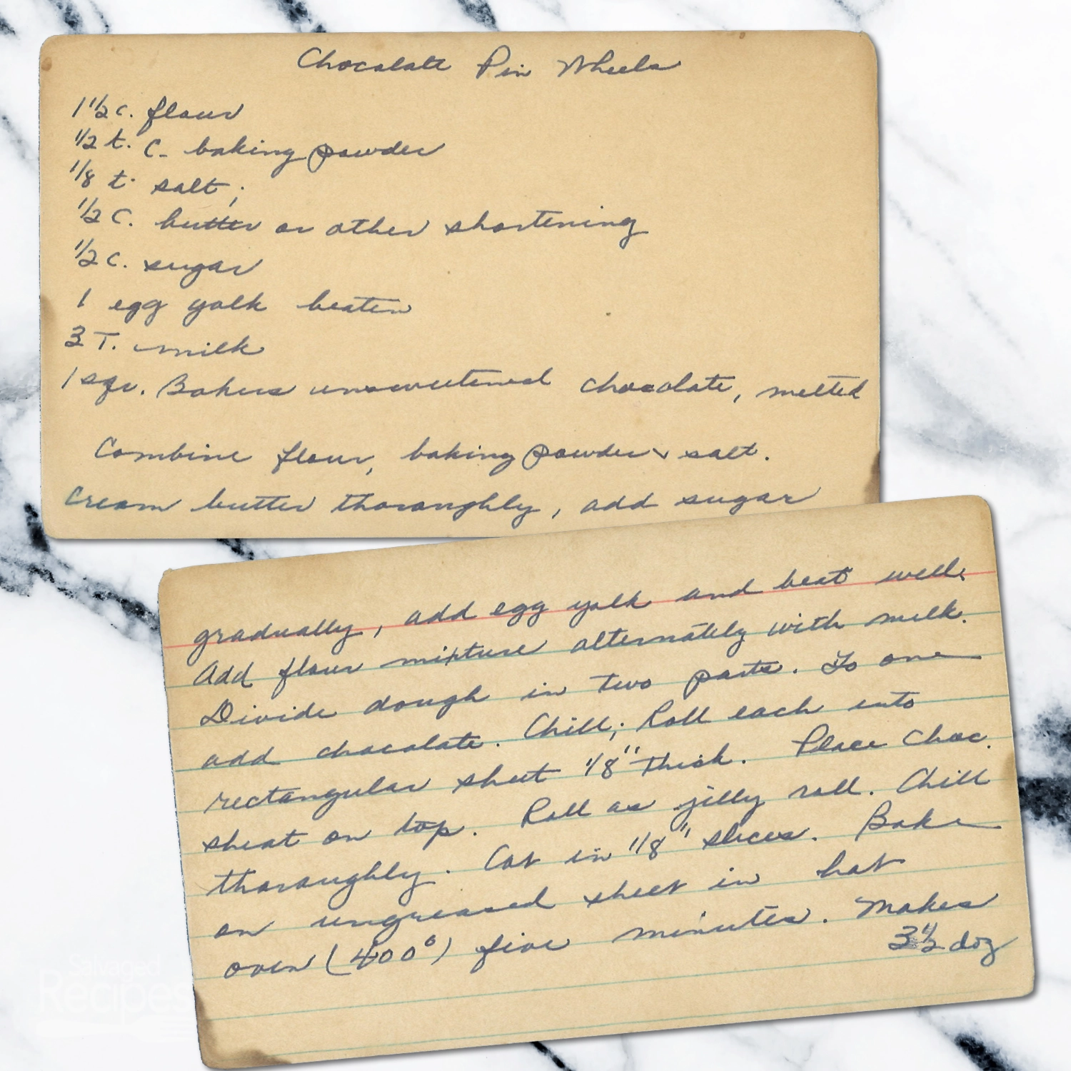 Handwritten recipe card for Chocolate Pin Wheels