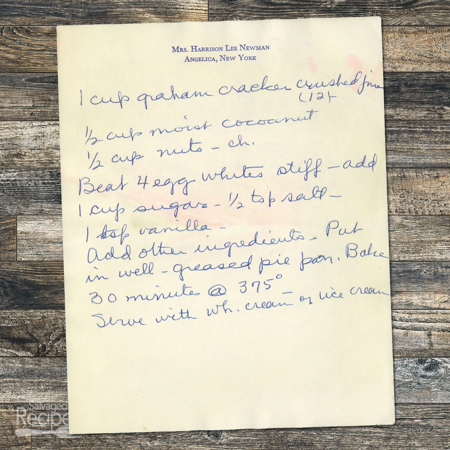 Handwritten recipe for Coconut Pie