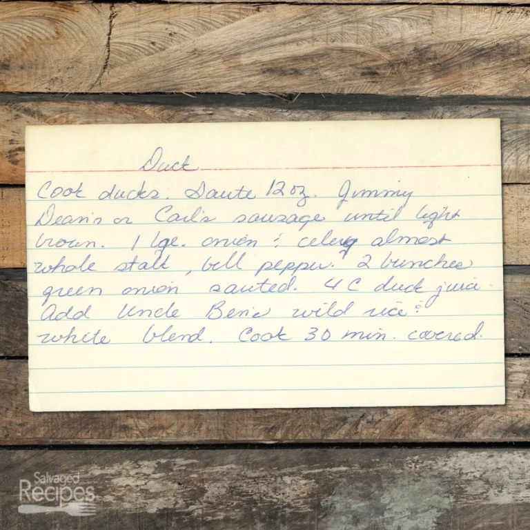 Handwritten recipe card for Duck