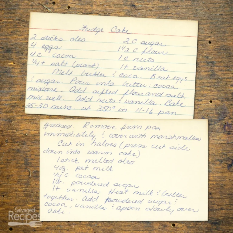 Handwritten recipe card for Fudge Cake