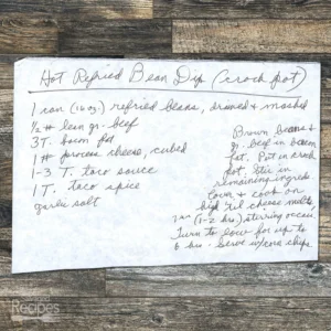 Handwritten recipe for Hot Refried Bean Dip