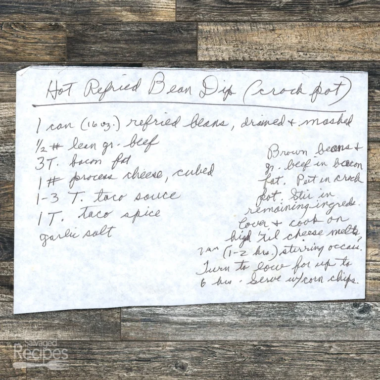 Handwritten recipe for Hot Refried Bean Dip