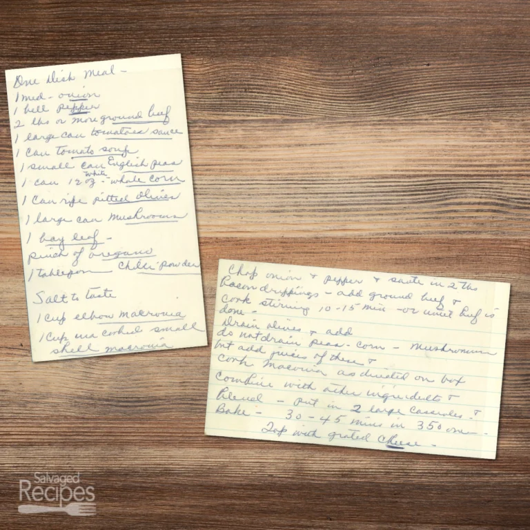 Handwritten recipe card for One Dish Meal