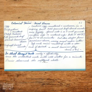 Handwritten recipe card for Colonial Mini Meatloafs