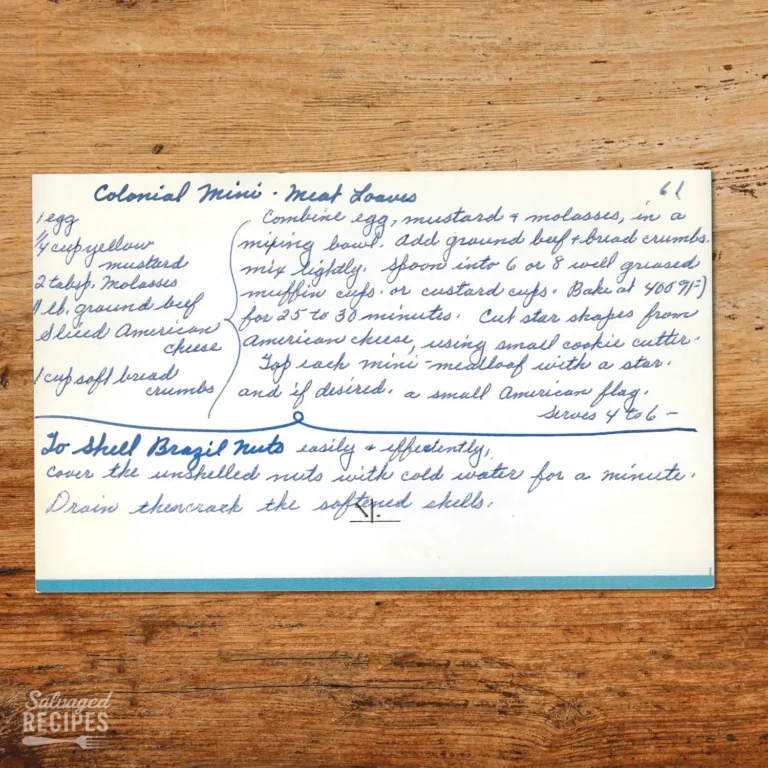 Handwritten recipe card for Colonial Mini Meatloafs