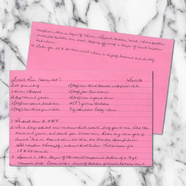 Handwritten recipe card for Burrito Pie