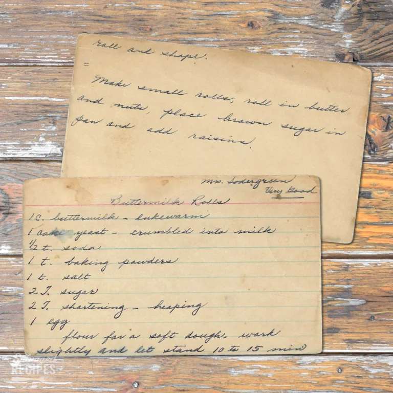 Handwritten recipe card for Buttermilk Rolls