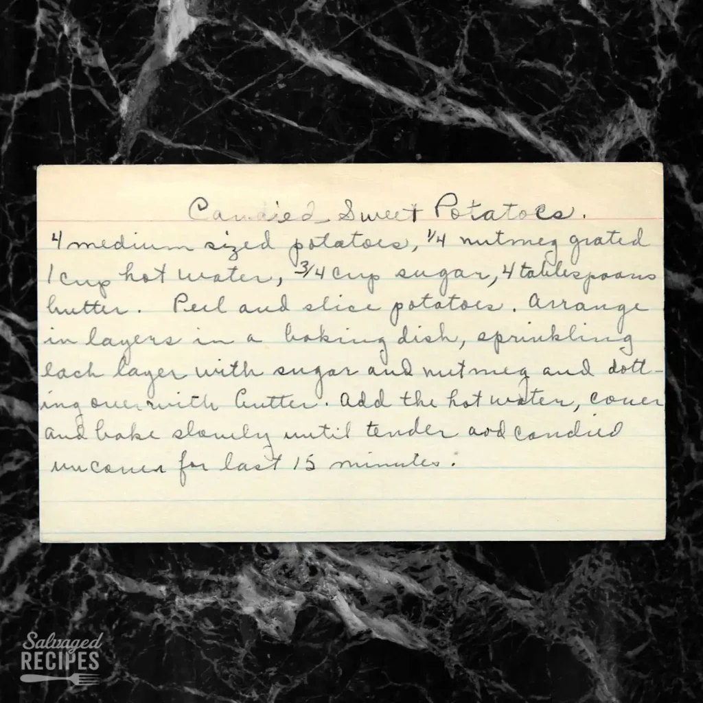 Handwritten recipe card for Candied Sweet Potatoes