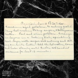 Handwritten recipe card for Candied Sweet Potatoes