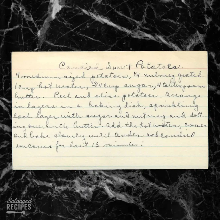 Handwritten recipe card for Candied Sweet Potatoes