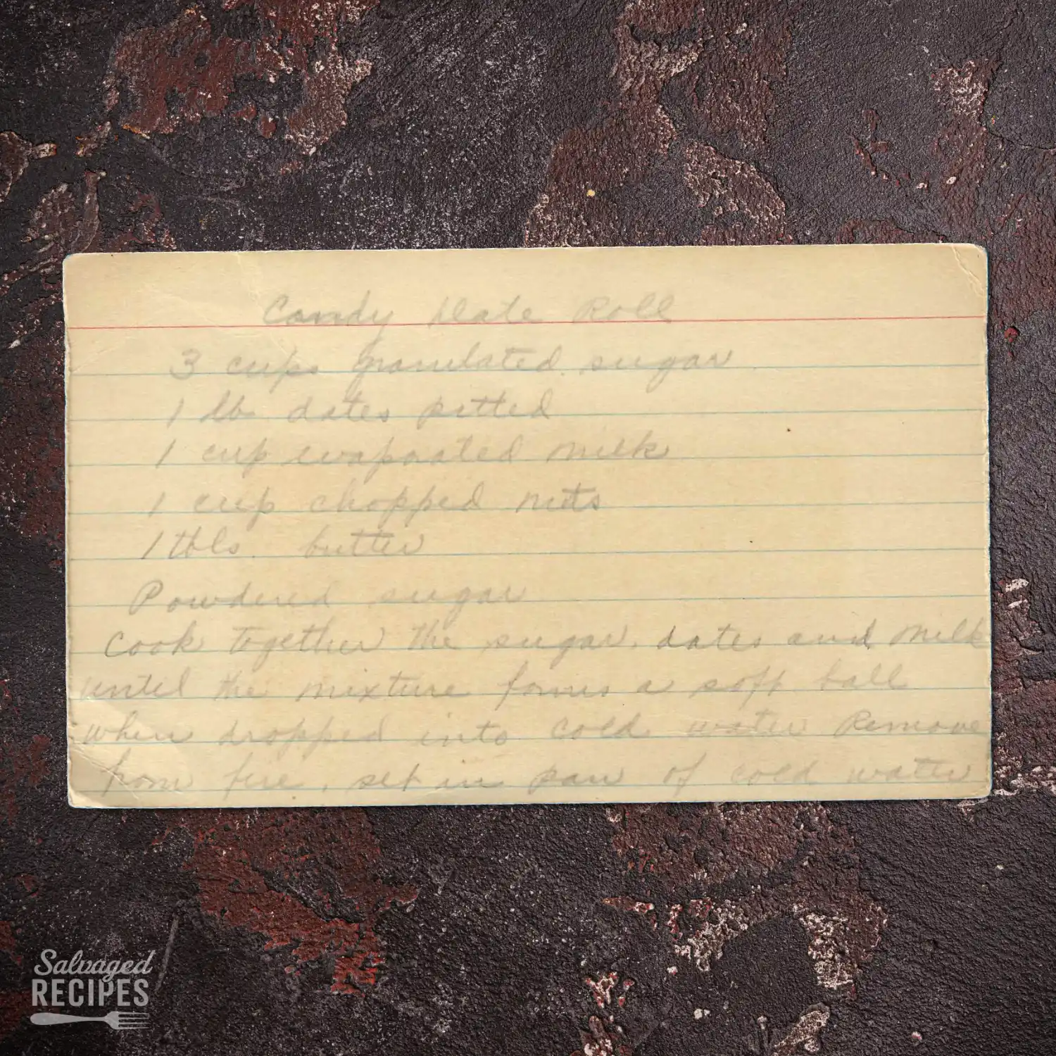 Handwritten recipe card for Candy Date Roll
