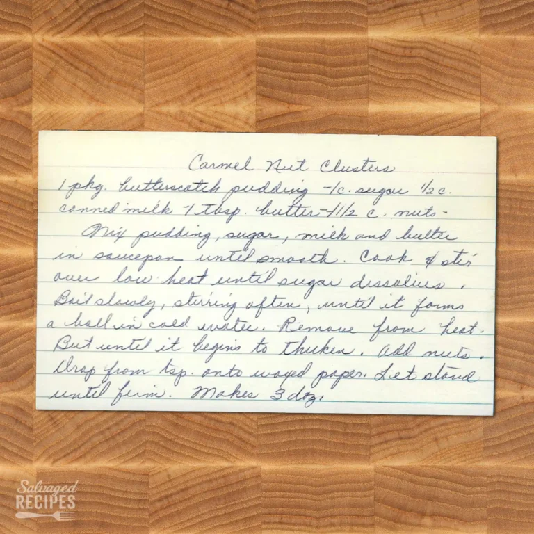 Handwritten recipe card for Caramel Nut Clusters