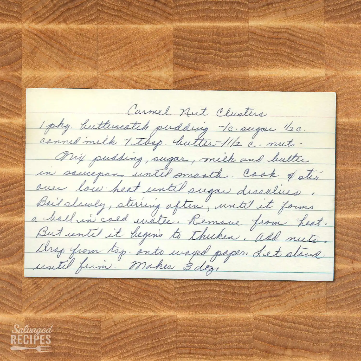 Handwritten recipe card for Caramel Nut Clusters