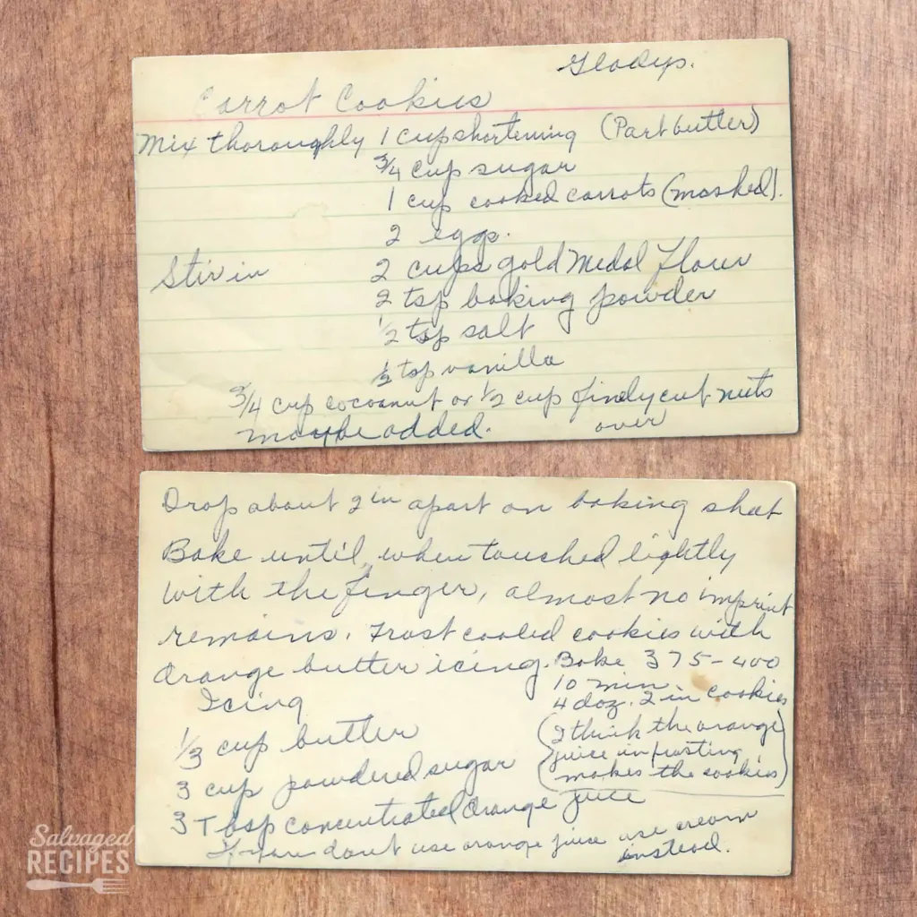 Handwritten recipe card for Carrot Cookies