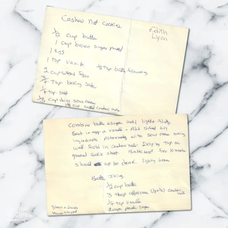 Handwritten recipe card for Cashew Nut Cookies