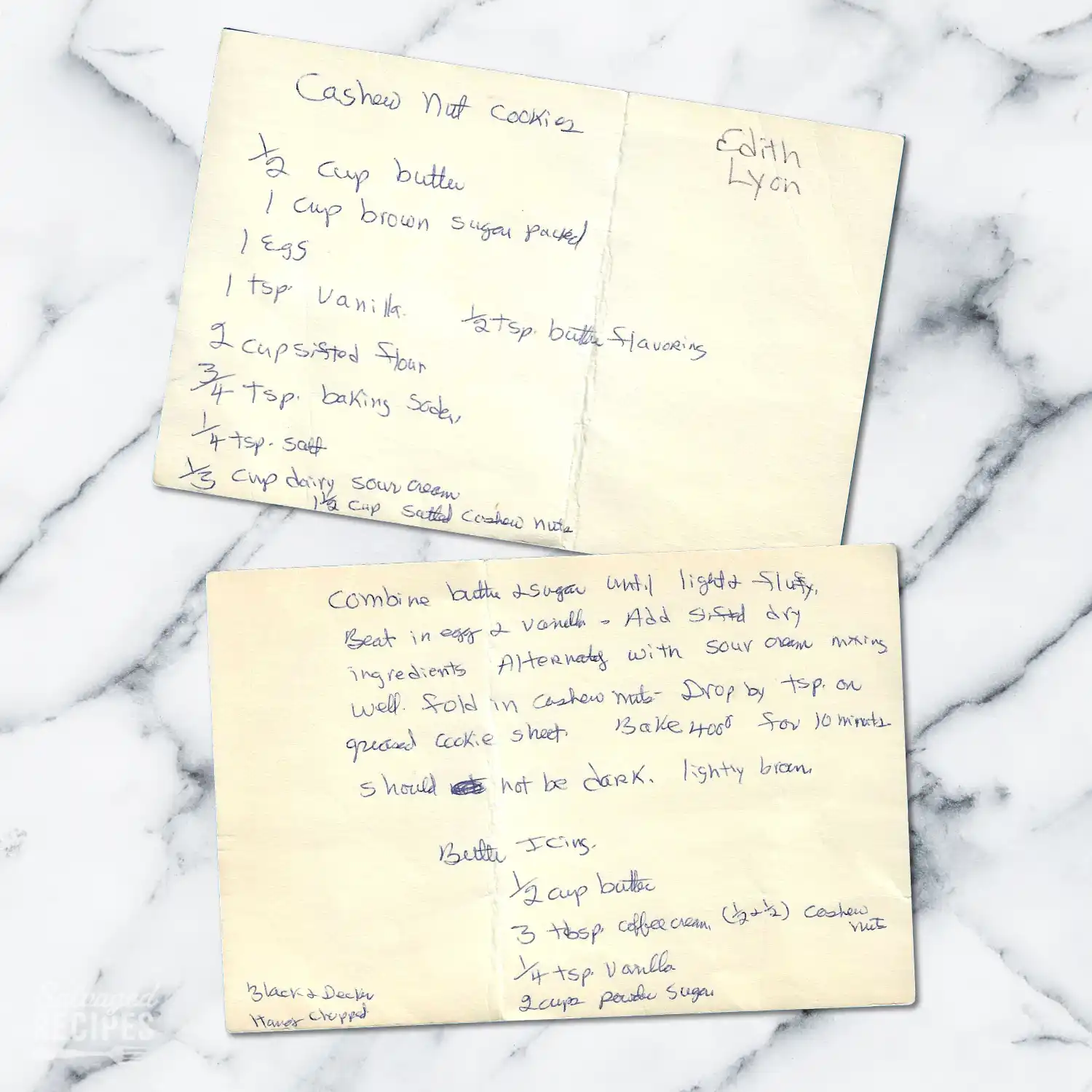 Handwritten recipe card for Cashew Nut Cookies