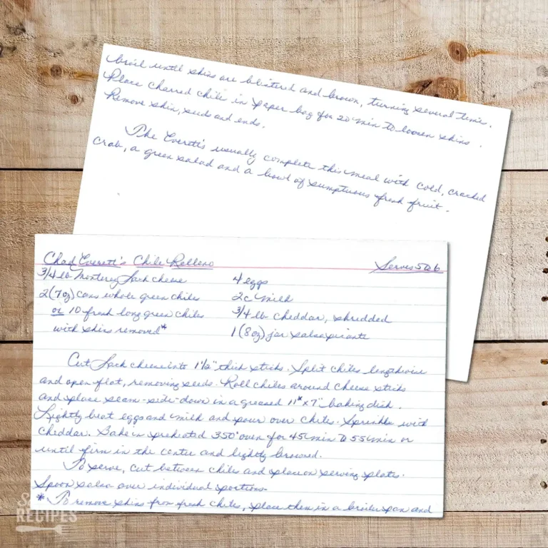 Handwritten recipe card for Chad Everett's Chile Relleno
