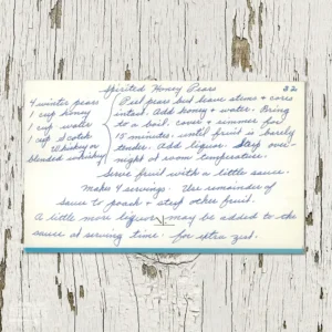 Handwritten recipe card for Spirited Honey Pears