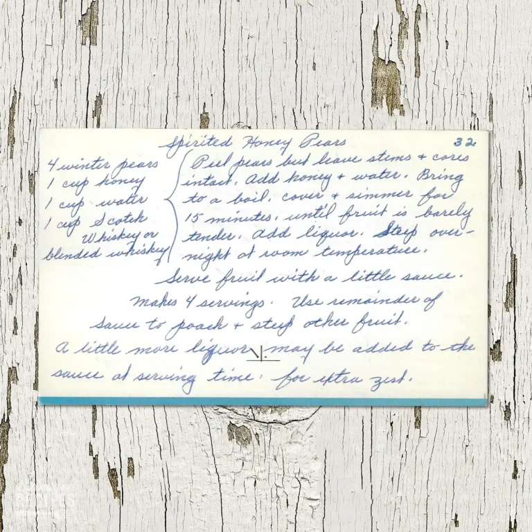 Handwritten recipe card for Spirited Honey Pears