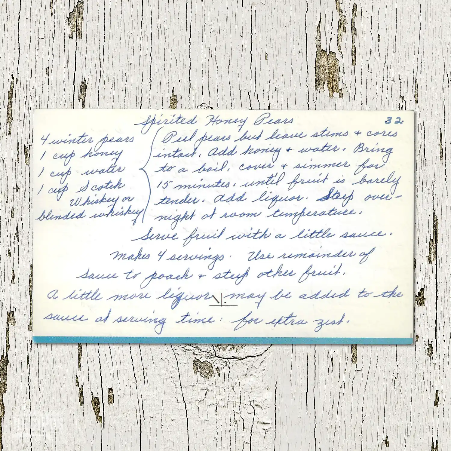 Handwritten recipe card for Spirited Honey Pears