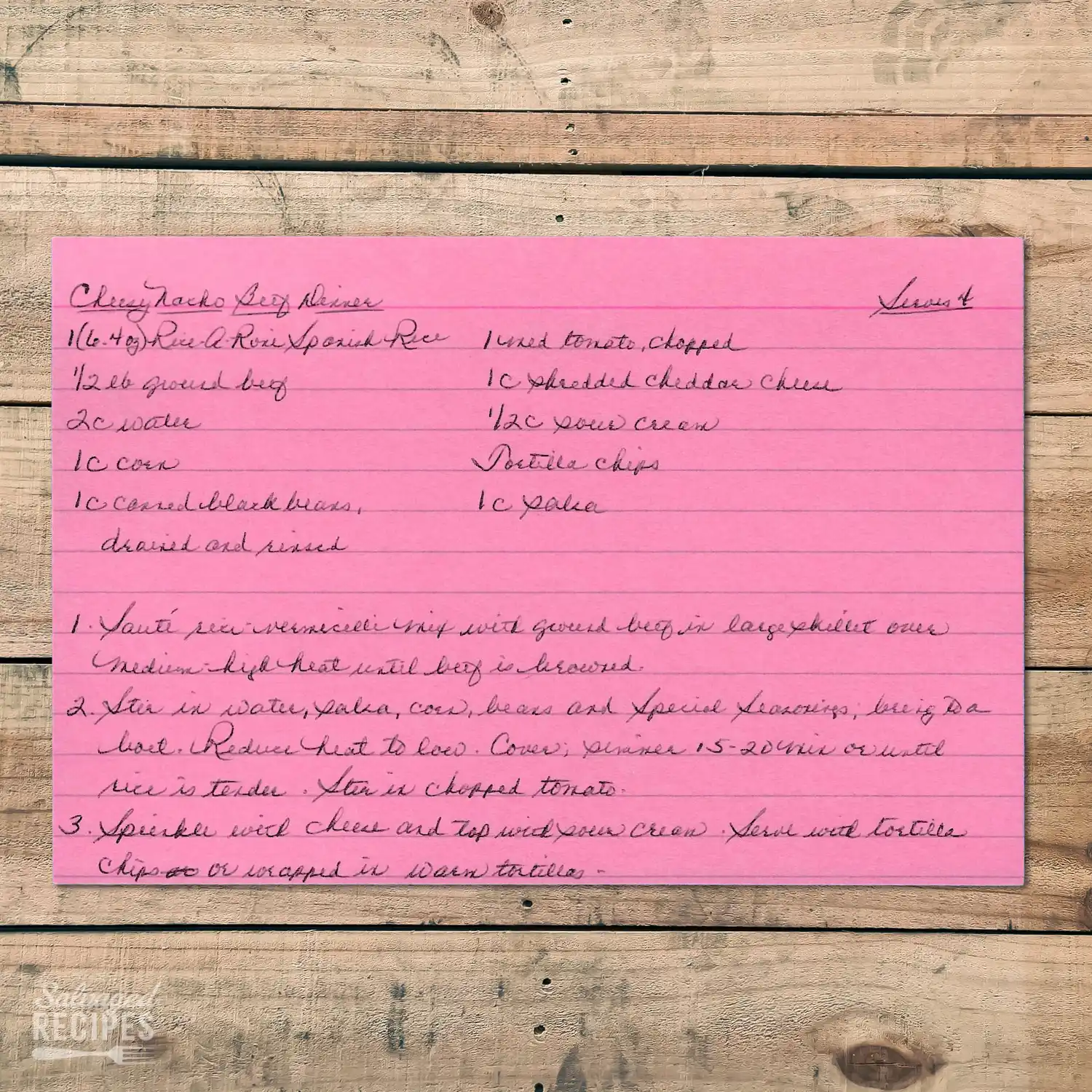 Handwritten recipe card for Cheesy Nacho Beef Dinner