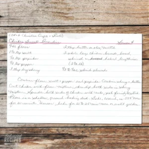 Handwritten recipe card for Chicken Amandine