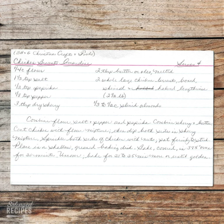 Handwritten recipe card for Chicken Amandine