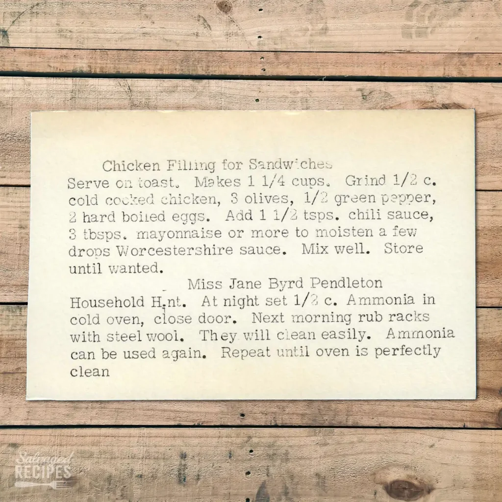 Typed recipe card for Chicken Filling for Sandwiches