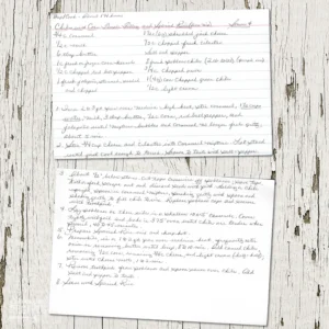 Handwritten recipe card for Chiles with Corn Tamale Filling and Spanish Rice