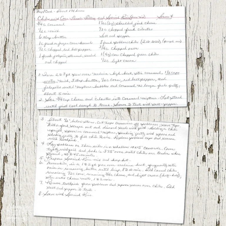 Handwritten recipe card for Chiles with Corn Tamale Filling and Spanish Rice