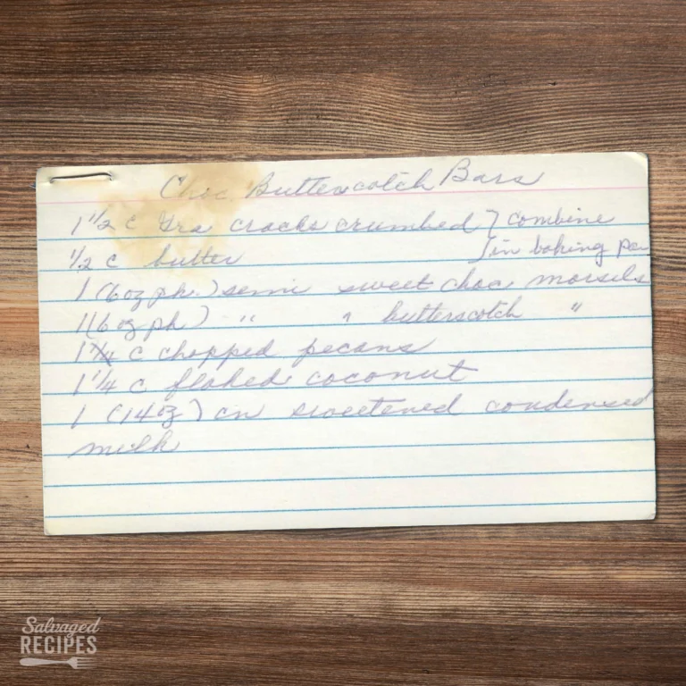 Handwritten recipe card for Chocolate Butterscotch Bars