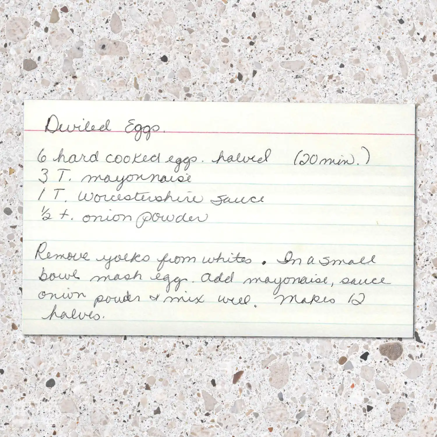 Handwritten recipe card for Deviled Eggs