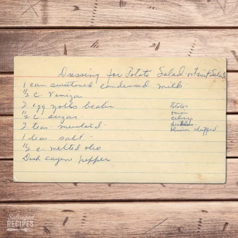 Handwritten recipe card for Dressing for Potato Salad or Fruit Salad