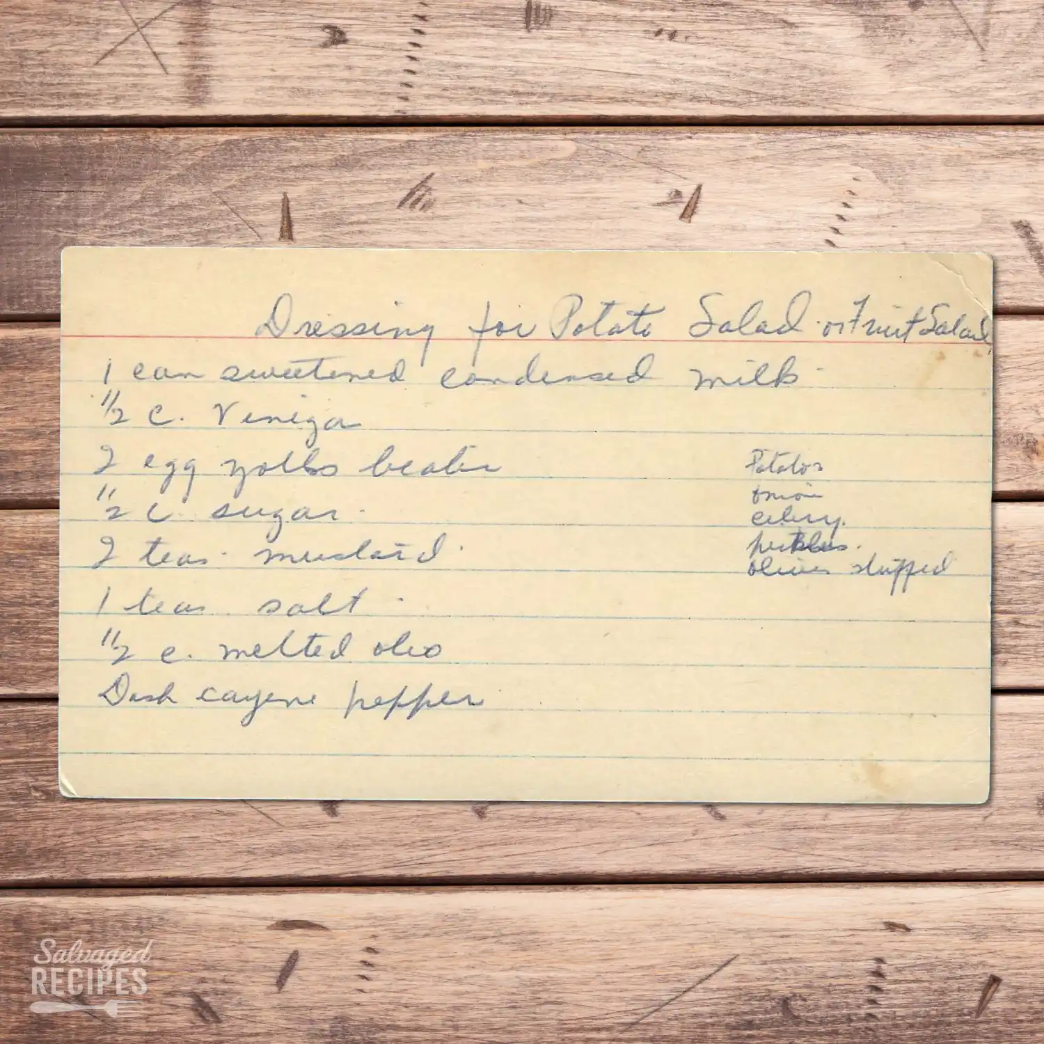 Handwritten recipe card for Dressing for Potato Salad or Fruit Salad