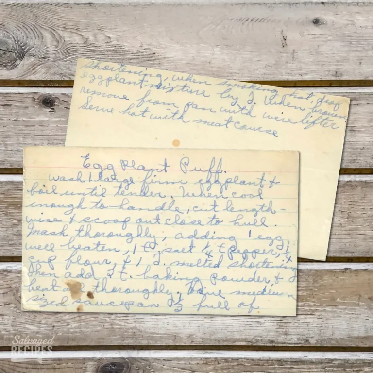 HAndwritten recipe card for Eggplant Puff